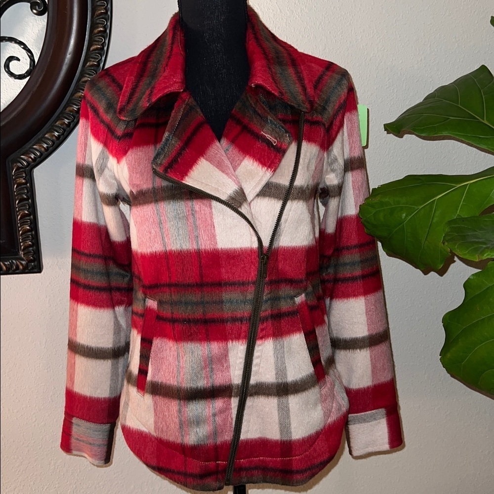 CAbi Women’s Limited Edition Plaid Shelter Jacket Coat Red Brown Cream Small
